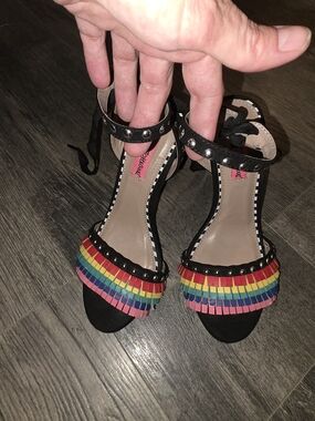 Betsey Johnson Black Ankle-Strap Tyna  Rainbow Fringe Heels